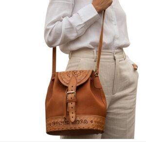 Vintage Costa Rica Tooled Leather Bucket Bag - Lightweight & Sturdy